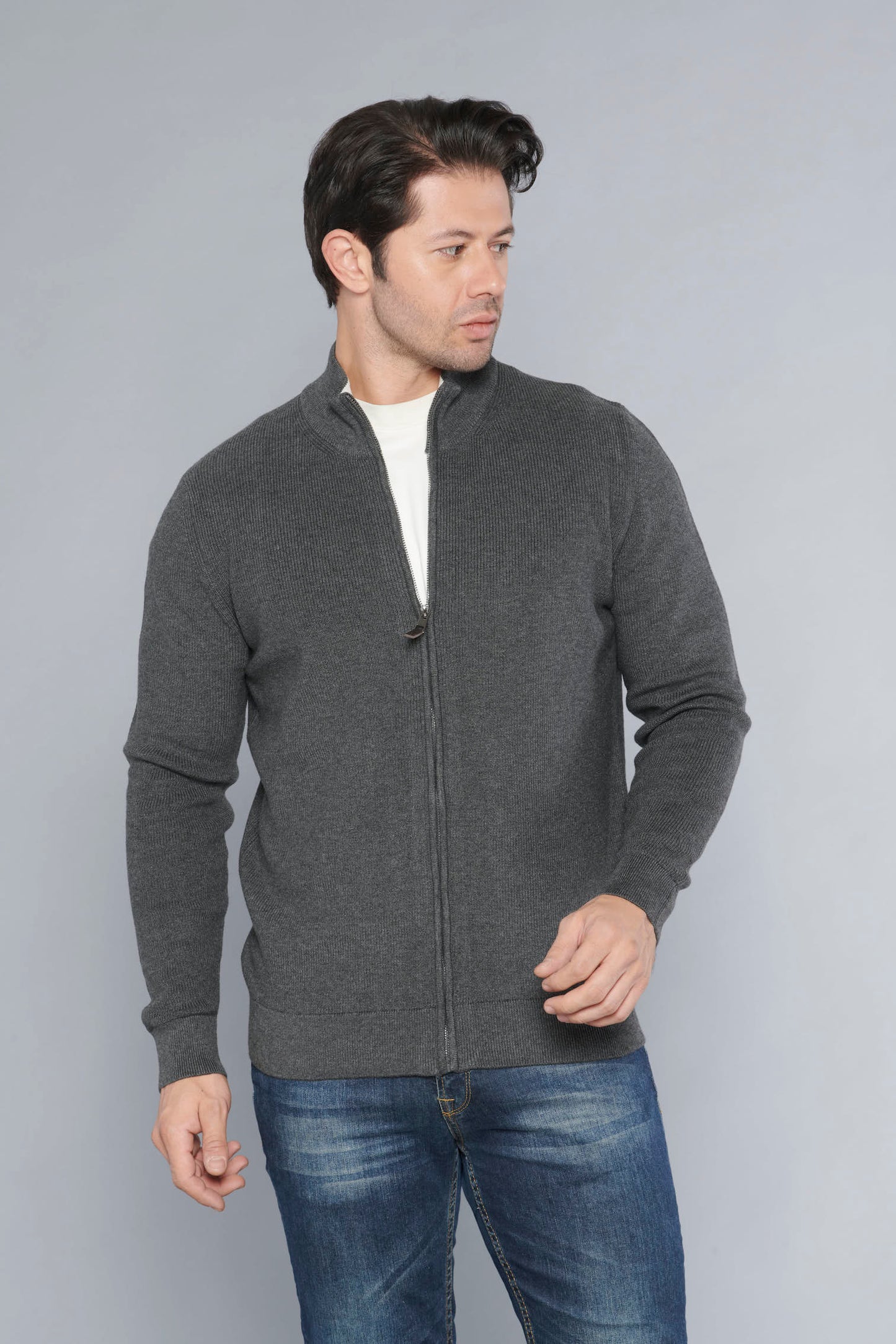 Men's Zipper Cotton Dark Grey Cardigan