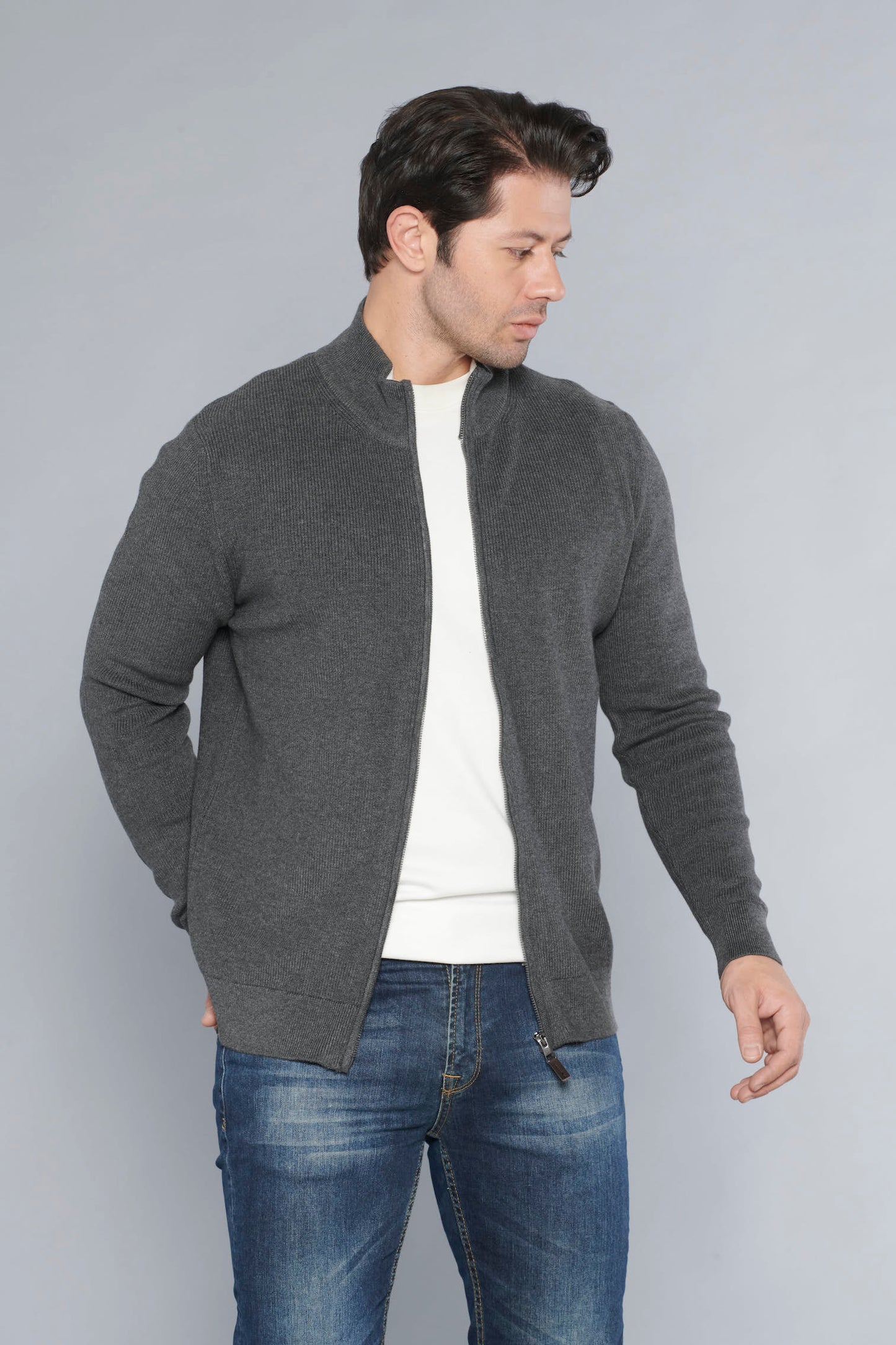 Men's Zipper Cotton Dark Grey Cardigan