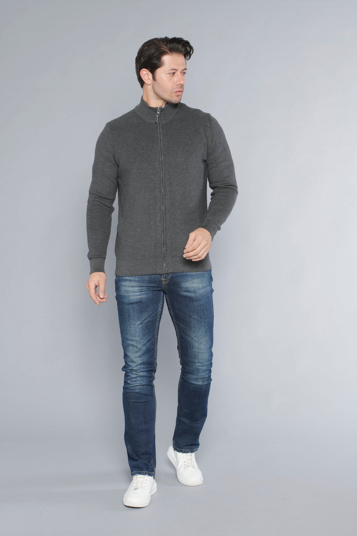Men's Zipper Cotton Dark Grey Cardigan
