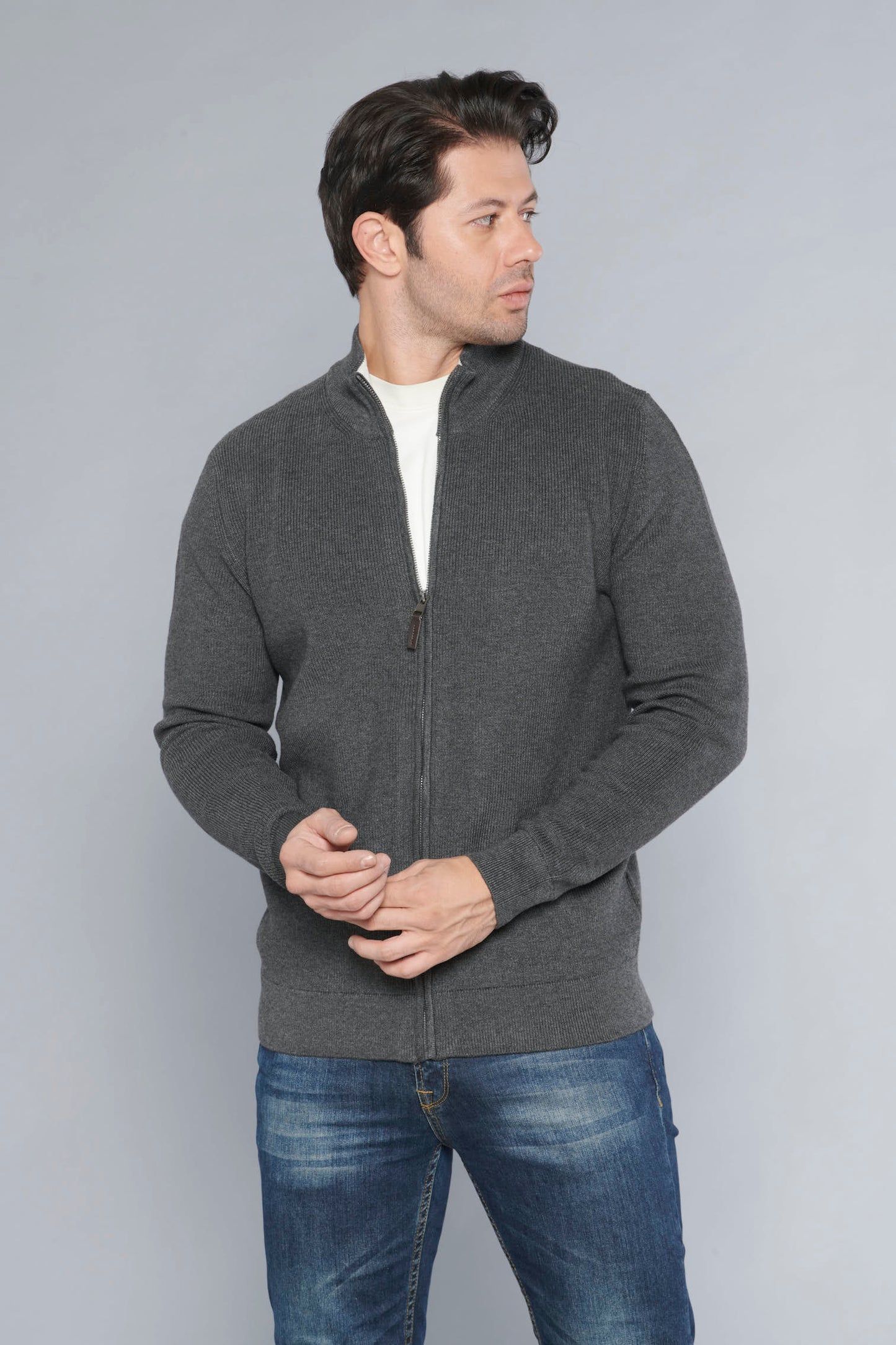Men's Zipper Cotton Dark Grey Cardigan