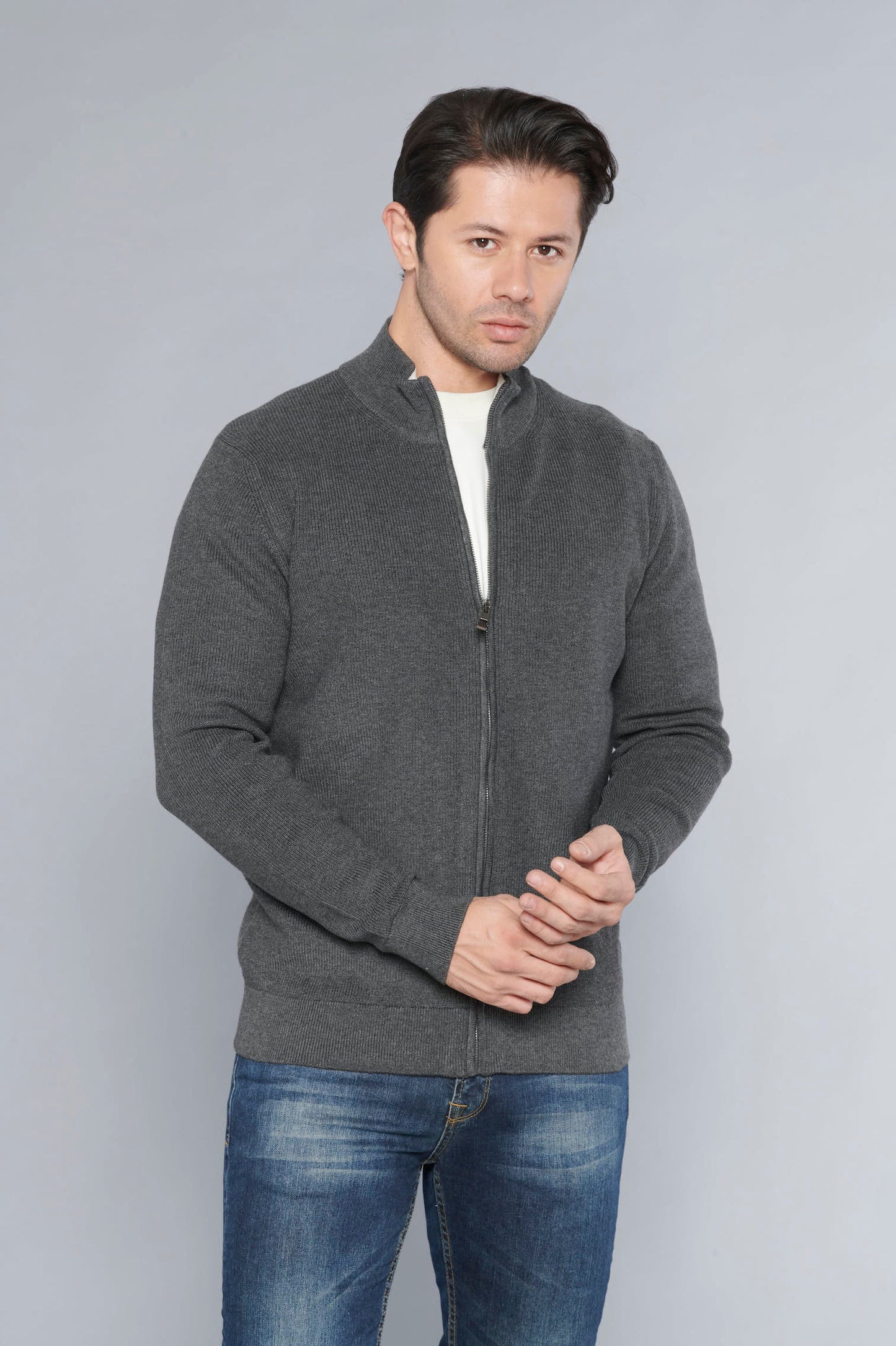 Men's Zipper Cotton Dark Grey Cardigan