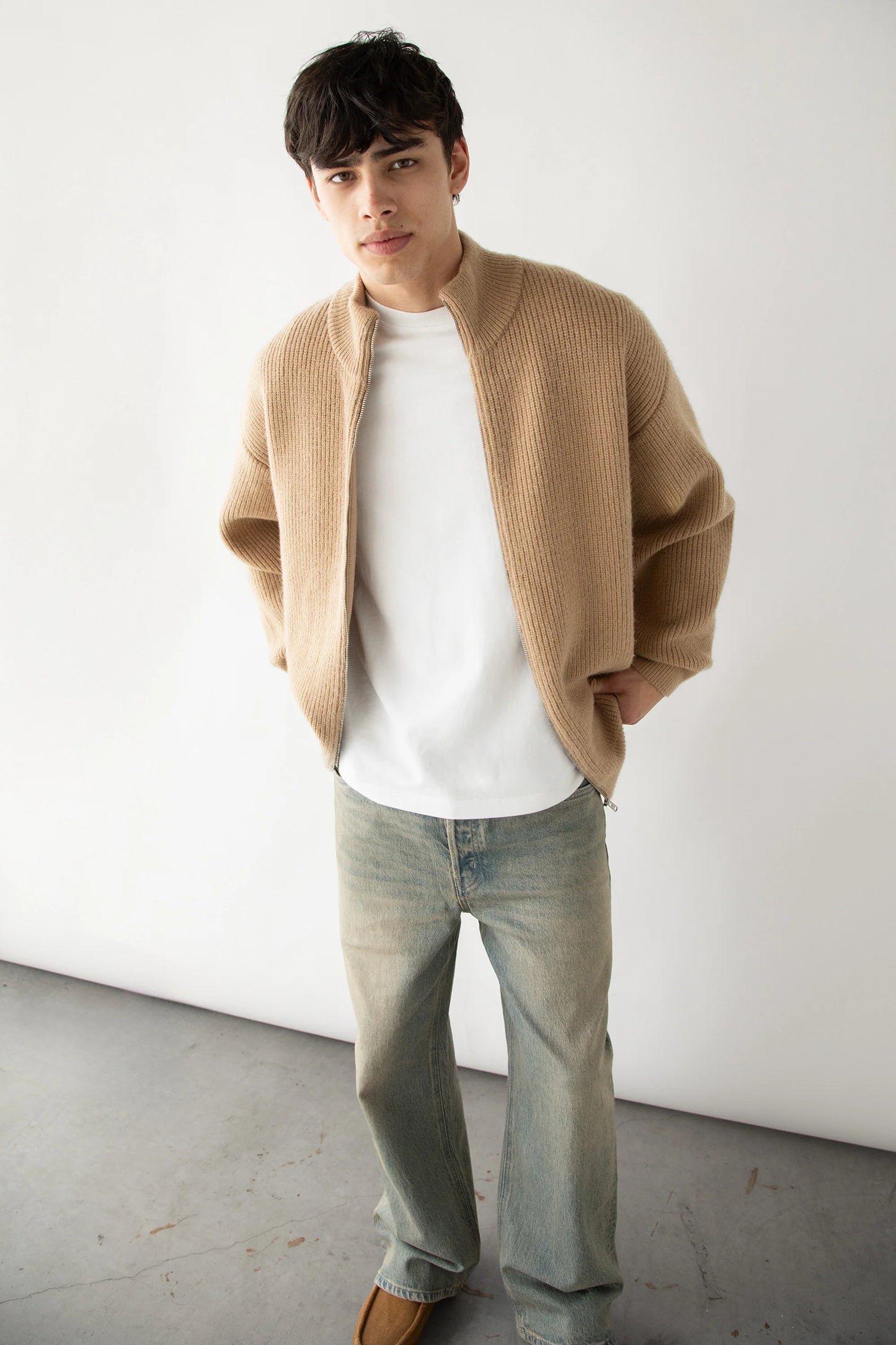 Men's Zip up Beige Cardigan