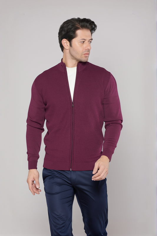 Men's Zipper Burgundy Cardigan